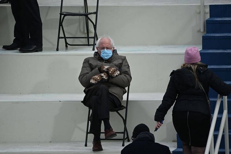 Bernie Sanders at Joe Biden’s inauguration meme template